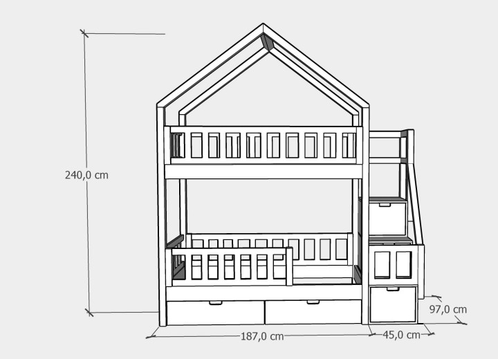 łóżko piętrowe domek - 90x180