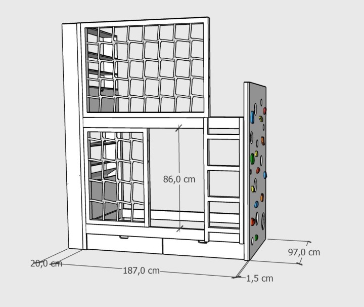łóżko piętrowe - regał i ścianka 90x180