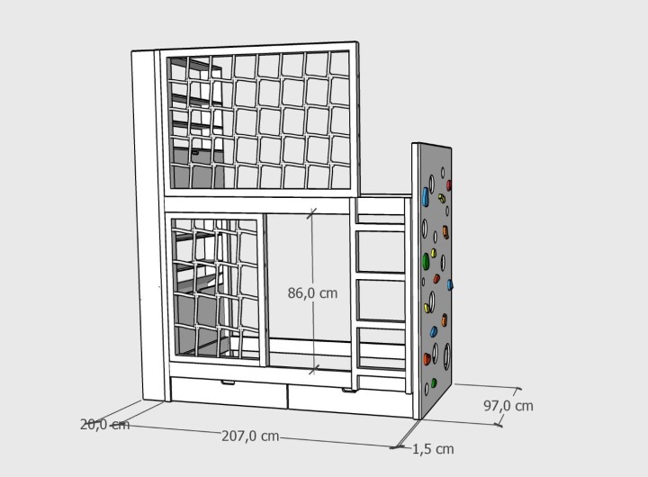 łóżko piętrowe - regał i ścianka 90x200