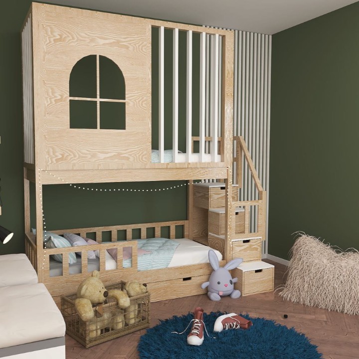 łóżko piętrowe - lamele z oknem schodki