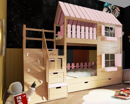 łóżko piętrowe ze ścianką wspinaczkową