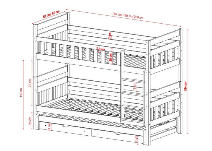 łóżko piętrowe z dodatkowym spaniem i szufladami