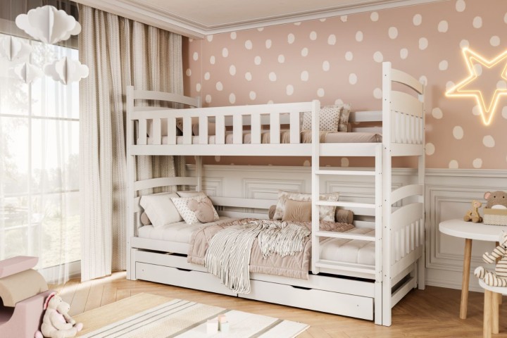 łóżko piętrowe z dodatkowym spaniem i szufladami