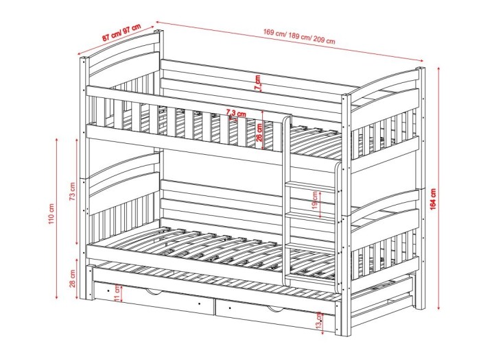 łóżko piętrowe z dodatkowym spaniem i szufladami