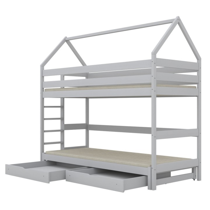 łóżko domek na antresoli z wysuwanym spaniem i szufladami