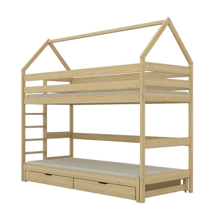 łóżko domek na antresoli z wysuwanym spaniem i szufladami