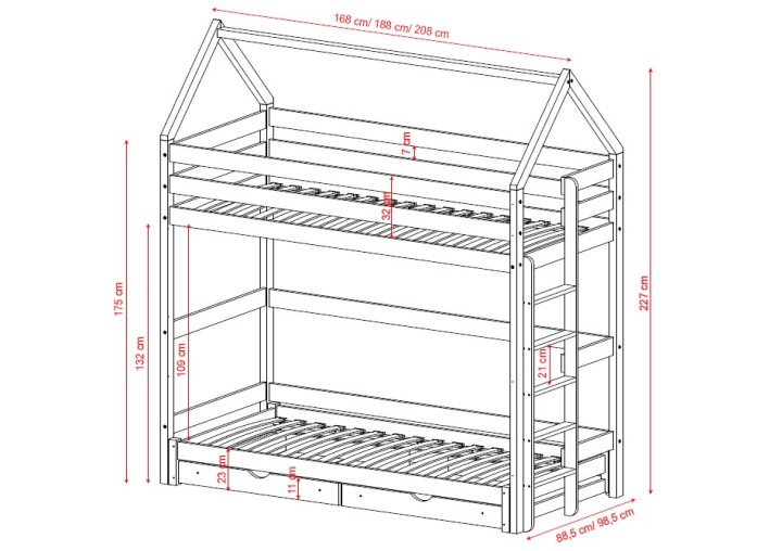 łóżko domek na antresoli z wysuwanym spaniem i szufladami wymiary