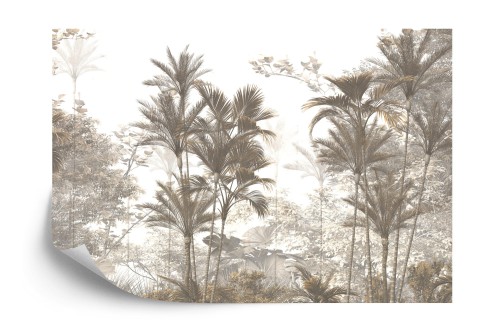 Fototapeta Tropical Trees And Leaves Wallpaper Design In Foggy Forest - 3D