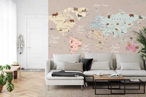 Fototapeta Animals World Map For Kids Wallpaper Design