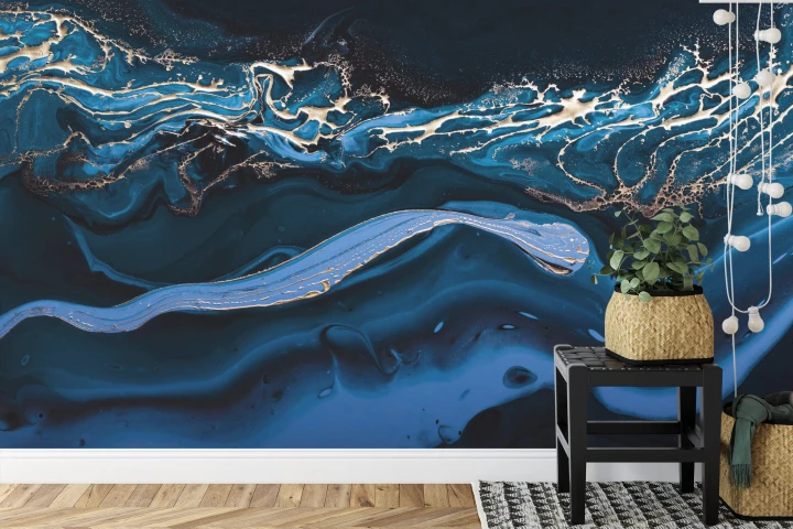 Fototapeta Fluid Art. Liquid Metallic Gold In Abstract Blue Wave. Marble Effect Background Or Texture