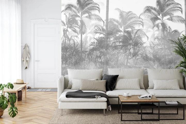 Fototapeta Tropical Trees And Leaves In Foggy Forest Wallpaper Design - 3D