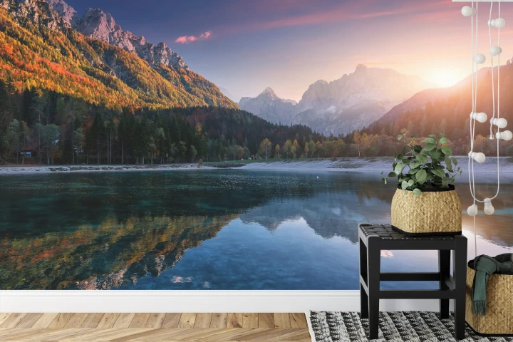 Fototapeta Incredible Nature Landscape. Amazing Lake Jasna With Of A Mirror Reflection. Stunning Vivid Nature Scenery Of Slovenia. Wild Nature Image. Concept Ideal Resting Place. Scenic Image In Autumn Time