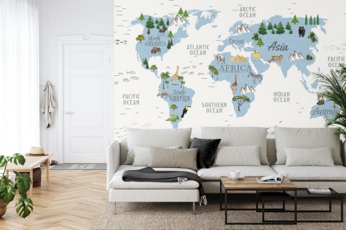 Fototapeta Animals World Map For Kids Wallpaper Design