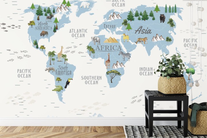 Fototapeta Animals World Map For Kids Wallpaper Design