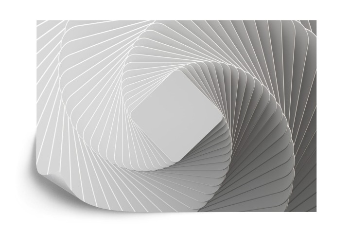 Fototapeta 3D Render, Abstract White Geometric Background, Minimal Flat Lay, Twisted Deck Of Square Blank Cards With Rounded Corners