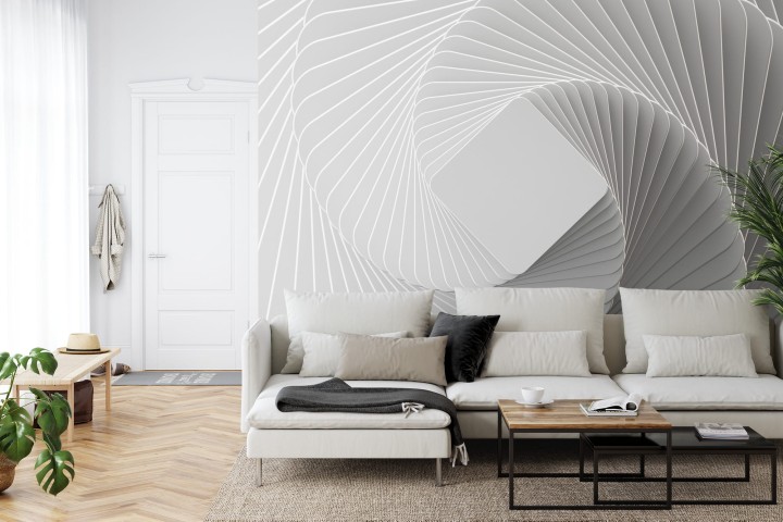 Fototapeta 3D Render, Abstract White Geometric Background, Minimal Flat Lay, Twisted Deck Of Square Blank Cards With Rounded Corners