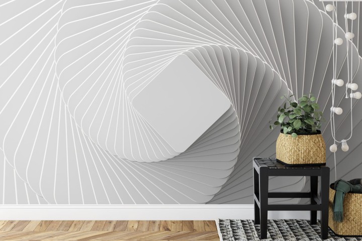 Fototapeta 3D Render, Abstract White Geometric Background, Minimal Flat Lay, Twisted Deck Of Square Blank Cards With Rounded Corners