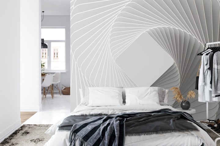 Fototapeta 3D Render, Abstract White Geometric Background, Minimal Flat Lay, Twisted Deck Of Square Blank Cards With Rounded Corners