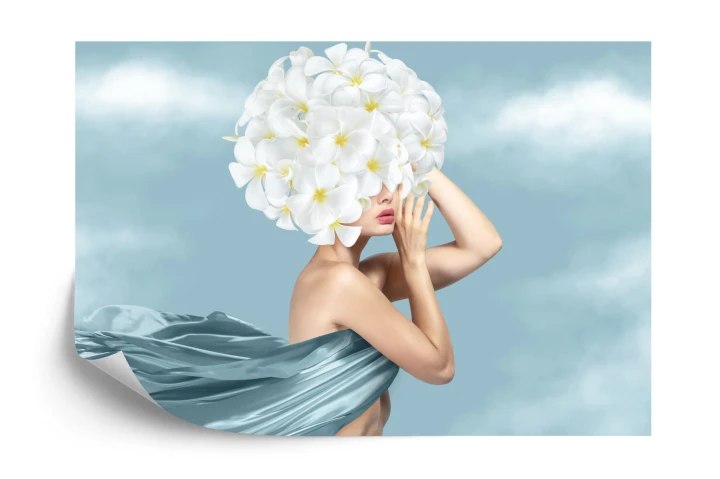 Fototapeta Portrait Of Young Beautiful Woman With Blue Silk