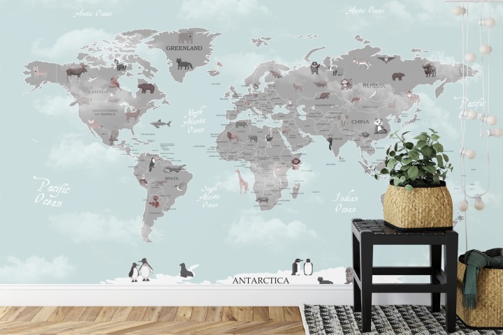 Fototapeta Animals World Map For Kids Wallpaper Design