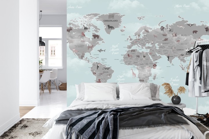 Fototapeta Animals World Map For Kids Wallpaper Design