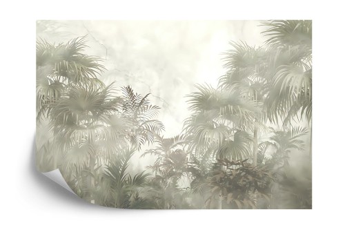 Fototapeta Tropical Trees And Leaves In Foggy Forest Wallpaper Design - 3D