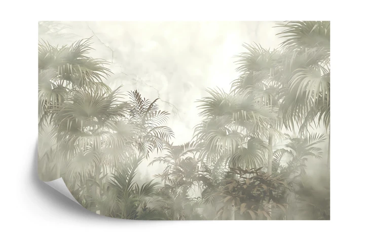 Fototapeta Tropical Trees And Leaves In Foggy Forest Wallpaper Design - 3D
