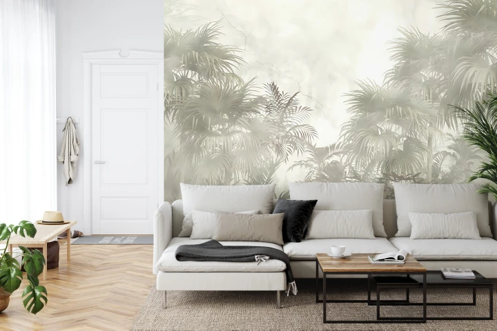 Fototapeta Tropical Trees And Leaves In Foggy Forest Wallpaper Design - 3D