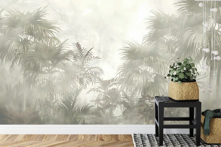 Fototapeta Tropical Trees And Leaves In Foggy Forest Wallpaper Design - 3D