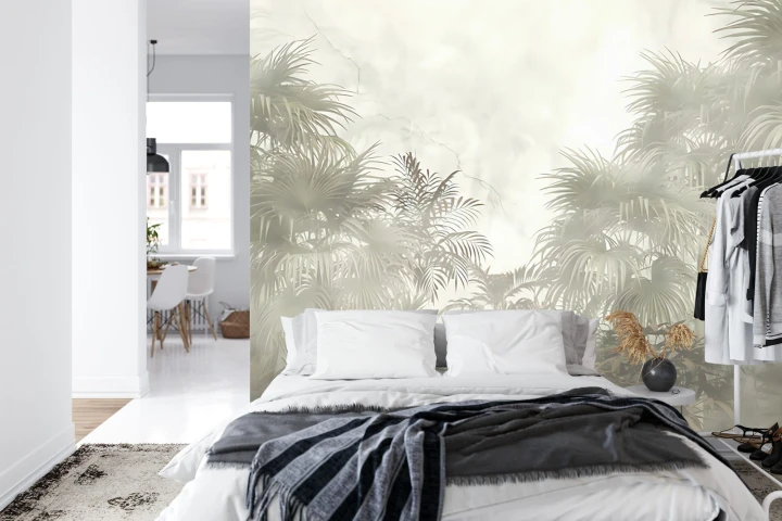 Fototapeta Tropical Trees And Leaves In Foggy Forest Wallpaper Design - 3D