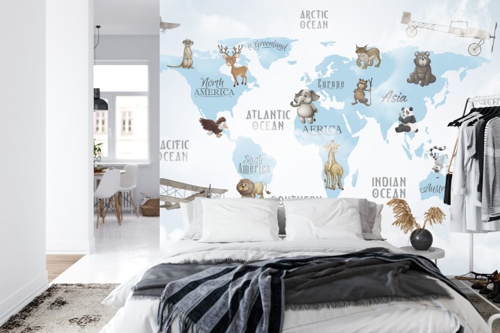 Fototapeta Animals World Map For Kids Wallpaper Design