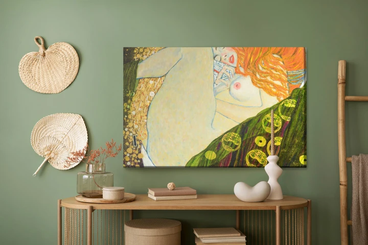 Obraz Na Płótnie Oil On Canvas. Oil Painting. Gold Leaf. Beautiful Red Hair Girl. Based On Painting Danae. G. Klimt