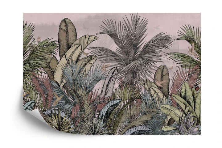 Fototapeta Pattern Wallpaper Jungle Tropical Drawings Of Palms Trees And Birds Of Different Colors With Birds And Pink Background