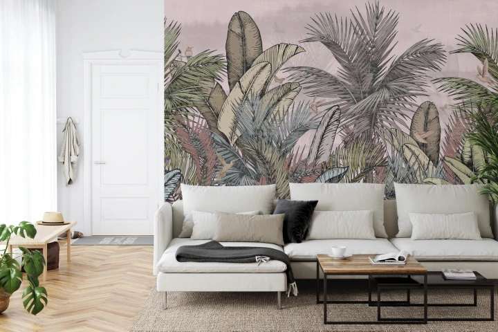 Fototapeta Pattern Wallpaper Jungle Tropical Drawings Of Palms Trees And Birds Of Different Colors With Birds And Pink Background