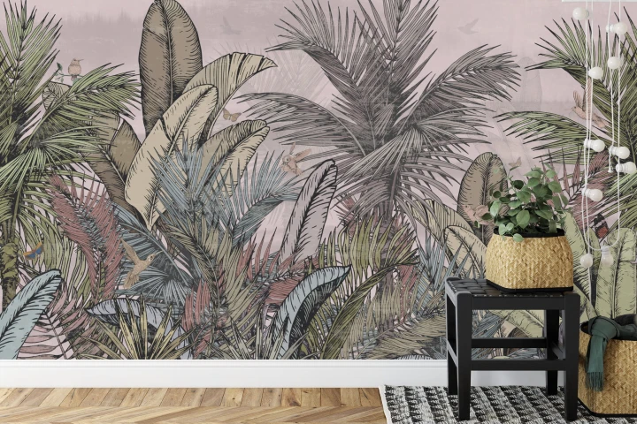 Fototapeta Pattern Wallpaper Jungle Tropical Drawings Of Palms Trees And Birds Of Different Colors With Birds And Pink Background