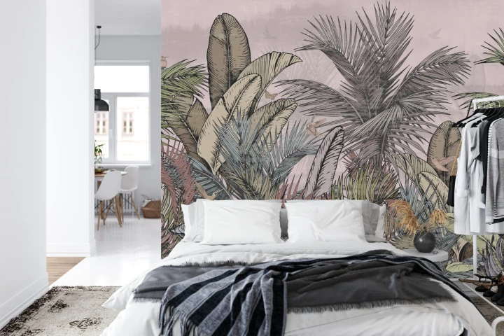 Fototapeta Pattern Wallpaper Jungle Tropical Drawings Of Palms Trees And Birds Of Different Colors With Birds And Pink Background