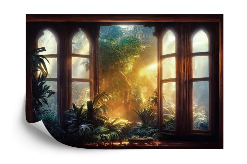 Fototapeta A Large Arch-Shaped Window, A Portal In The Dark Mystical Forest, The Sun's Rays Pass Through The Window And Trees, Shadows. Fantasy Beautiful Forest Fantasy Landscape. 3D