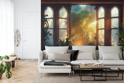 Fototapeta A Large Arch-Shaped Window, A Portal In The Dark Mystical Forest, The Sun's Rays Pass Through The Window And Trees, Shadows. Fantasy Beautiful Forest Fantasy Landscape. 3D