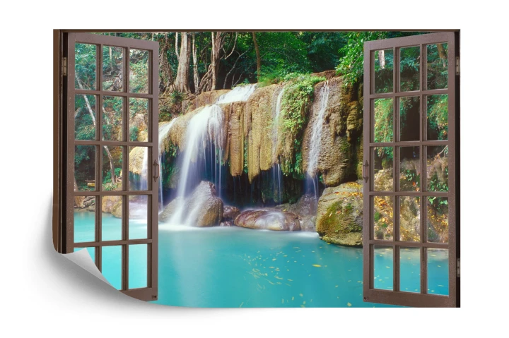 Fototapeta Open Window View To Deep Jungle Waterfall