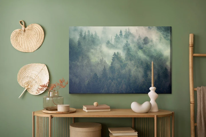 Obraz Na Płótnie Misty Landscape With Fir Forest In Hipster Vintage Retro Style
