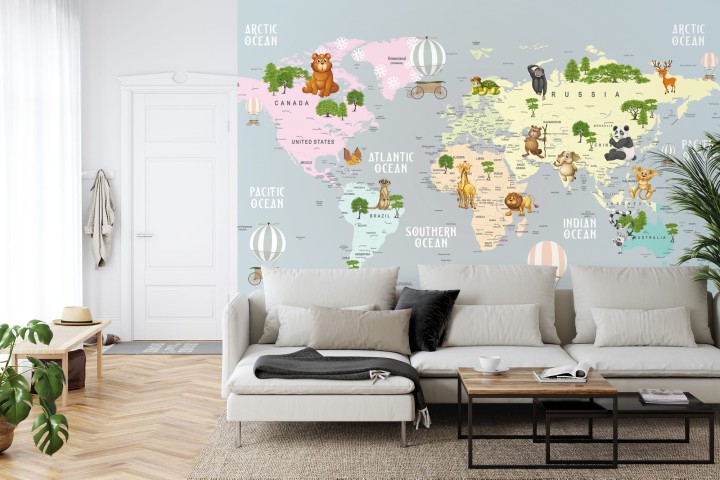 Fototapeta Animals World Map For Kids Wallpaper Design