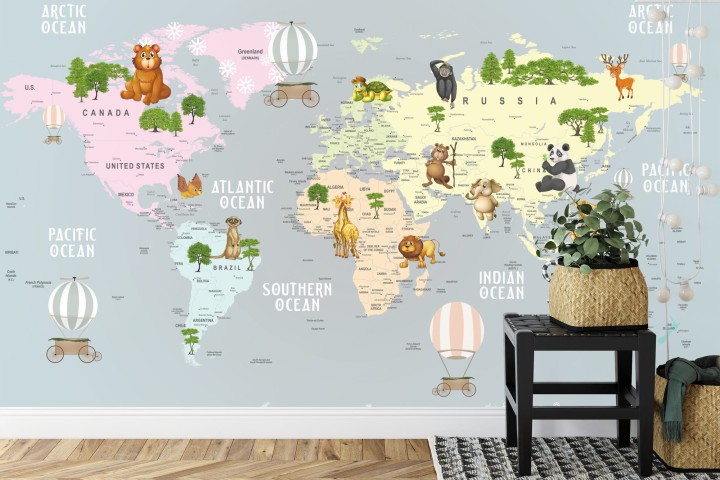 Fototapeta Animals World Map For Kids Wallpaper Design