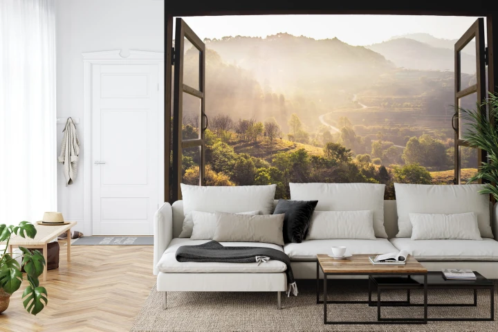 Fototapeta Landscape Nature View Background. View From Window At A Wonderful Landscape Nature View With Rice Terraces And Space For Your Text In Chiangmai, Thailand