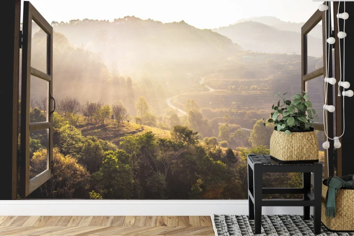 Fototapeta Landscape Nature View Background. View From Window At A Wonderful Landscape Nature View With Rice Terraces And Space For Your Text In Chiangmai, Thailand
