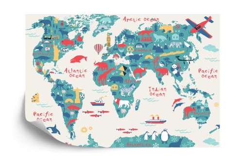 Fototapeta Map Of The World Wallpaper Design For Children's Room. Cute Design, Animals And Builds, Culture, Mural Art.