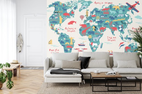 Fototapeta Map Of The World Wallpaper Design For Children's Room. Cute Design, Animals And Builds, Culture, Mural Art.