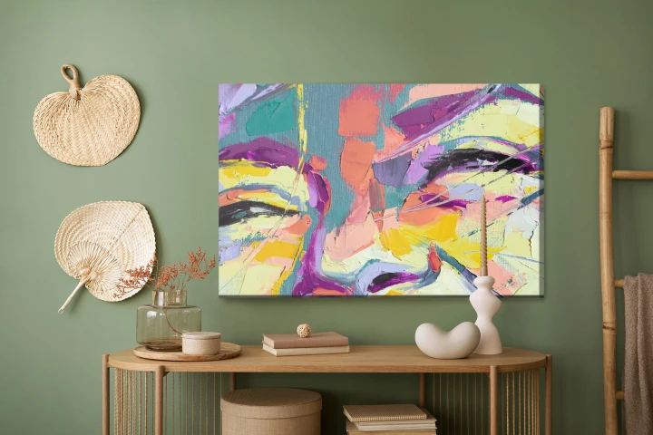 Obraz Na Płótnie Oil Portrait Painting In Multicolored Tones. Abstract Picture Of A Beautiful Girl. Conceptual Closeup Of An Oil Painting And Palette Knife On Canvas.