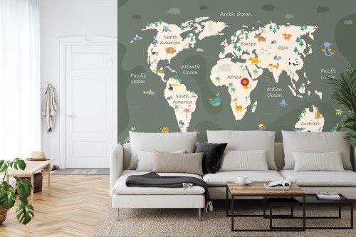 Fototapeta The World Map With Cartoon Animals For Kids, Nature, Discovery And Continent Name, Ocean Name. Children's Map Design For Wallpaper, Kids Room, Wall Art