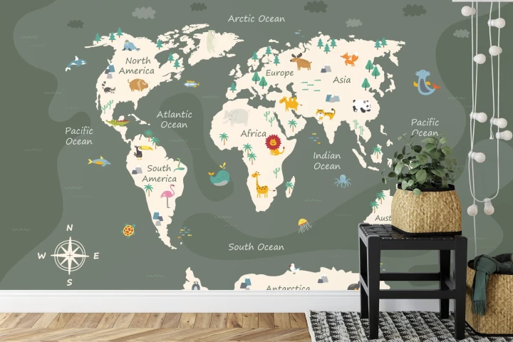 Fototapeta The World Map With Cartoon Animals For Kids, Nature, Discovery And Continent Name, Ocean Name. Children's Map Design For Wallpaper, Kids Room, Wall Art