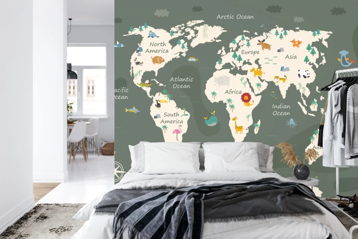 Fototapeta The World Map With Cartoon Animals For Kids, Nature, Discovery And Continent Name, Ocean Name. Children's Map Design For Wallpaper, Kids Room, Wall Art